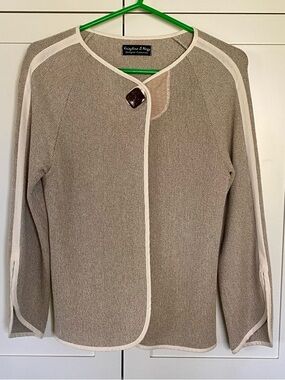 Elegant Taupe Cardigan with Cream Trim by Krisztina Nagy